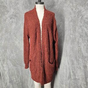 Zenana Womens XL Open Front Cardigan Sweater Brown‎ Textured Knit Pockets